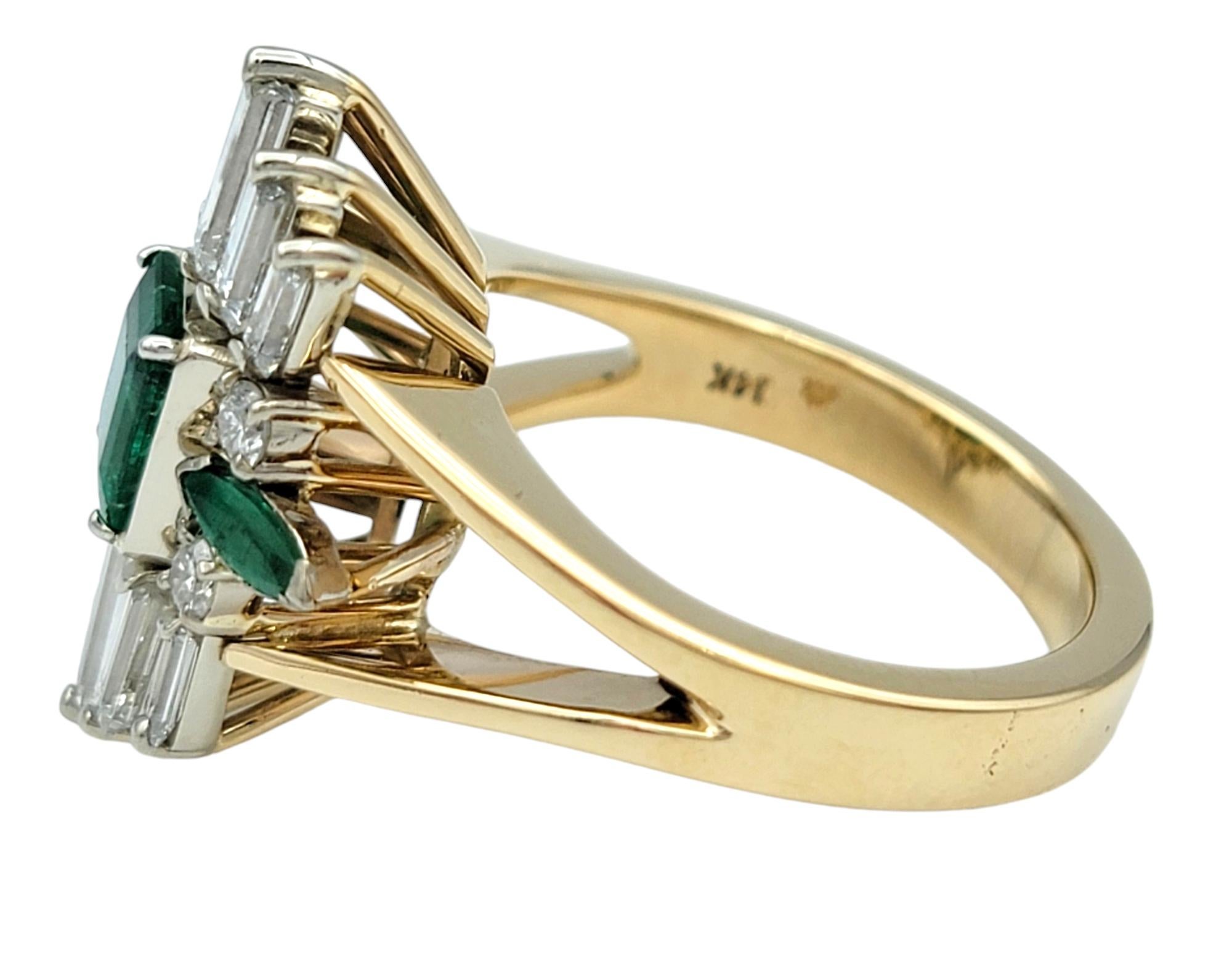 Vintage Emerald and Diamond Cluster Split Shank Cocktail Ring in 14 Karat Gold In Good Condition For Sale In Scottsdale, AZ
