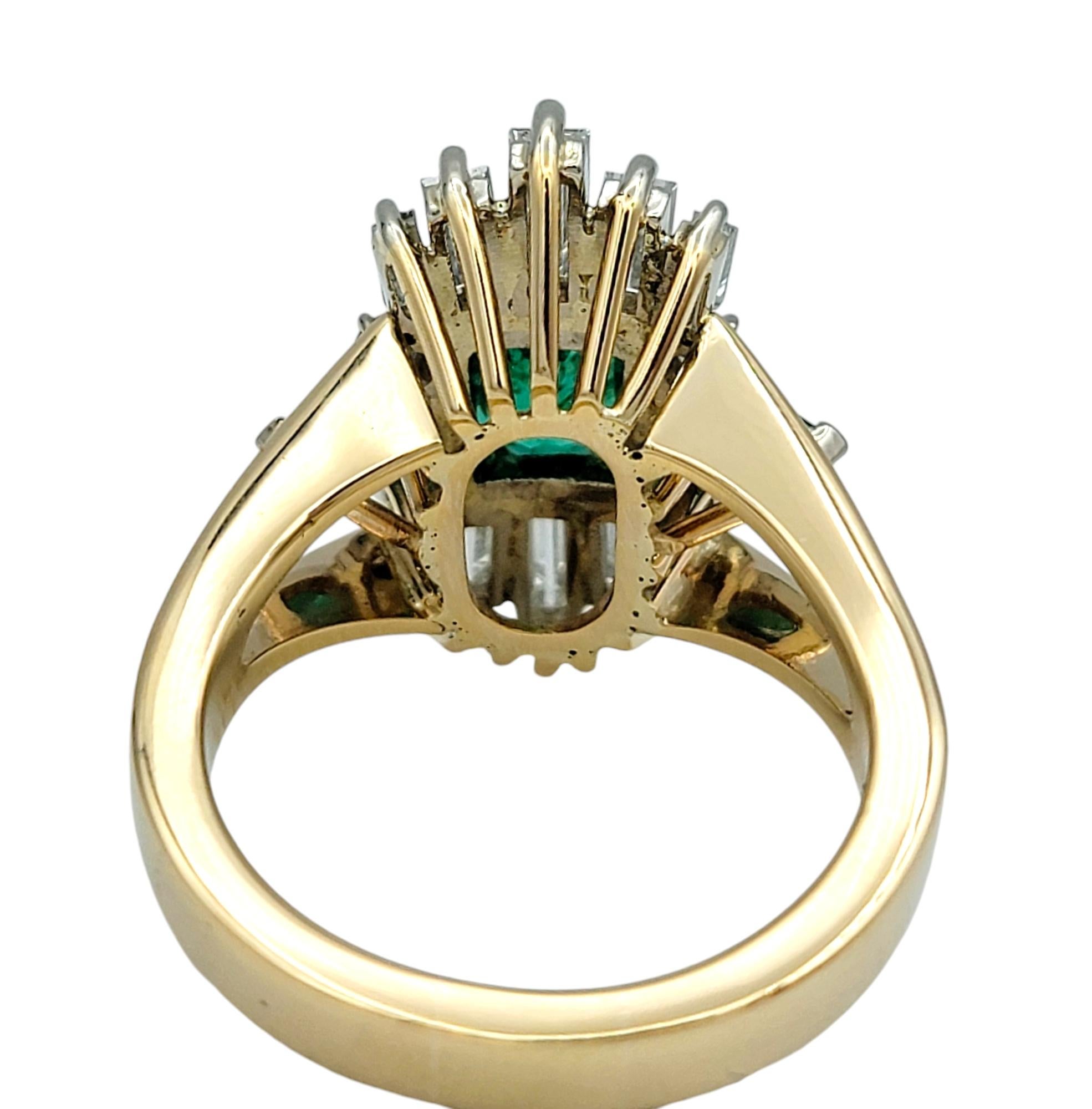 Women's Vintage Emerald and Diamond Cluster Split Shank Cocktail Ring in 14 Karat Gold For Sale