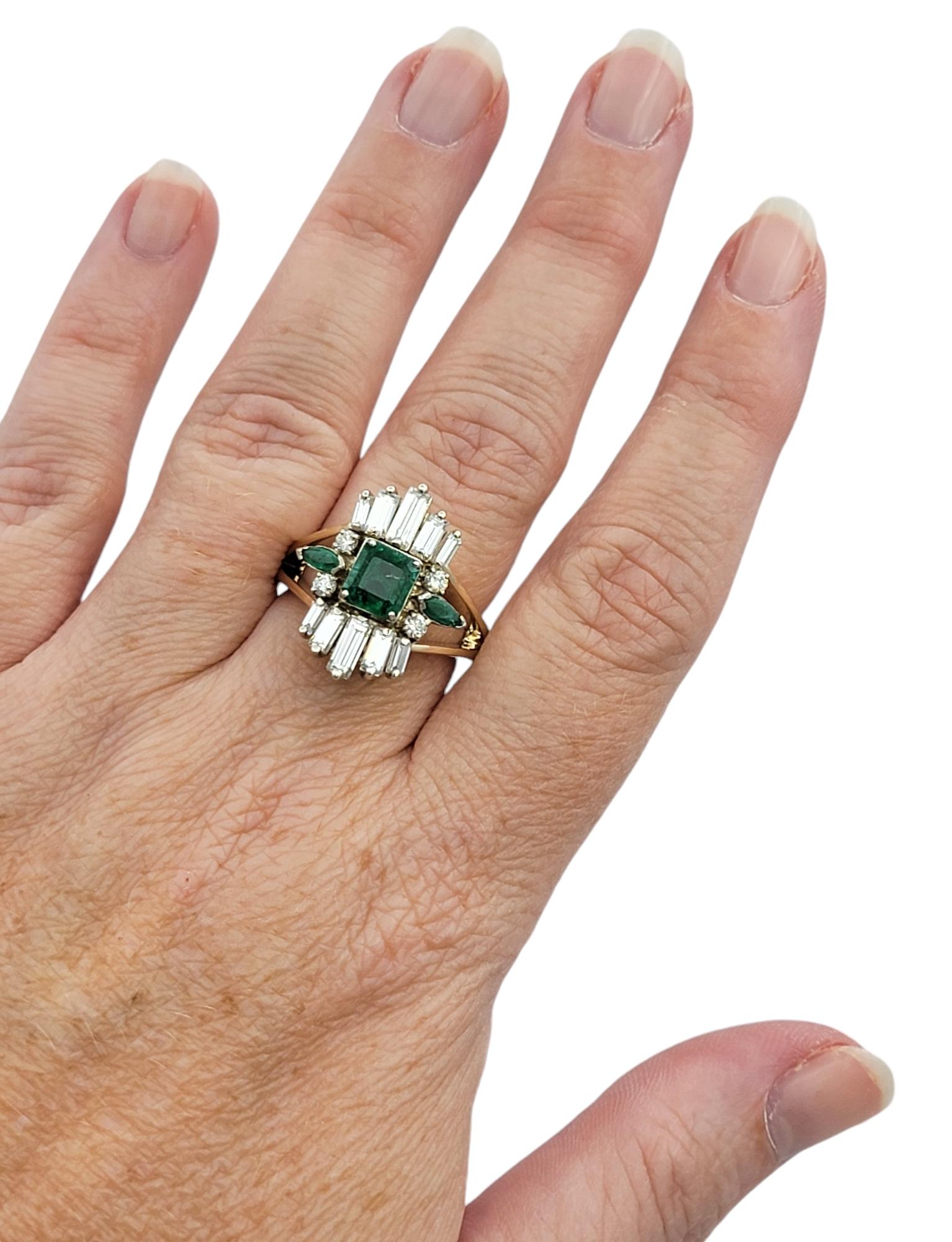 Vintage Emerald and Diamond Cluster Split Shank Cocktail Ring in 14 Karat Gold For Sale 2