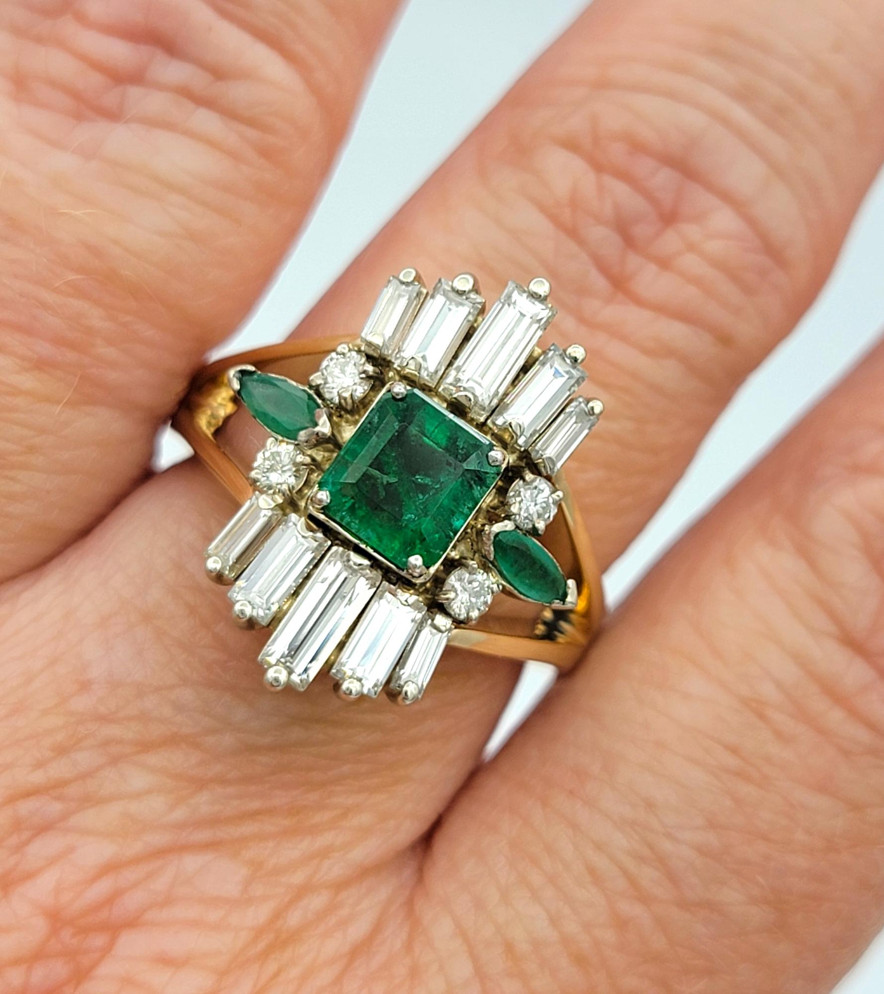 Vintage Emerald and Diamond Cluster Split Shank Cocktail Ring in 14 Karat Gold For Sale 3