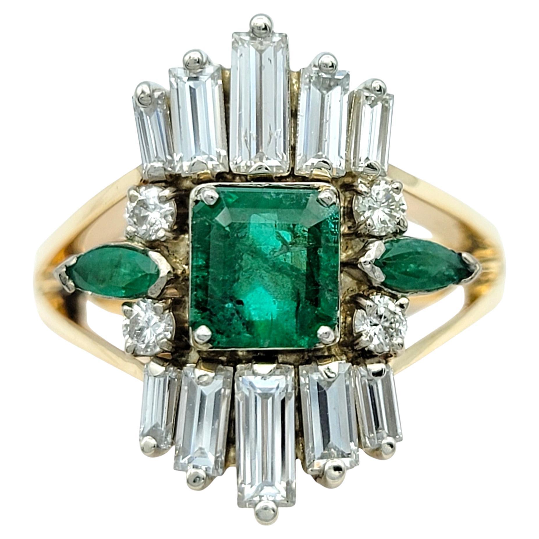 Vintage Emerald and Diamond Cluster Split Shank Cocktail Ring in 14 Karat Gold