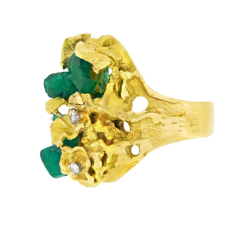 Vintage-Cocktailring mit Smaragd und Diamant, 1960er Jahre (Rundschliff) im Angebot