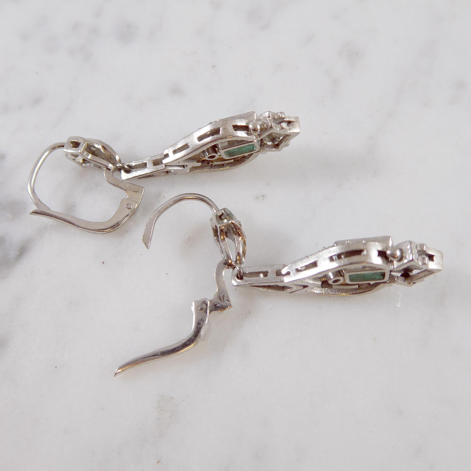 Emerald Cut Vintage Emerald and Diamond Drop Earrings, circa 1950s, White Gold