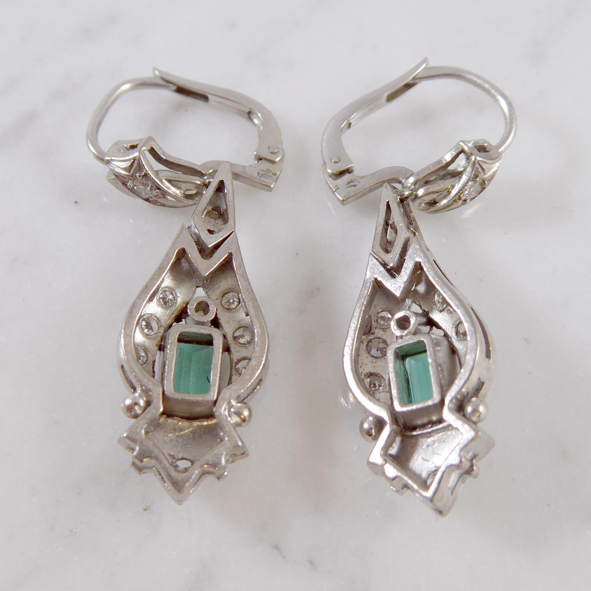 Women's Vintage Emerald and Diamond Drop Earrings, circa 1950s, White Gold