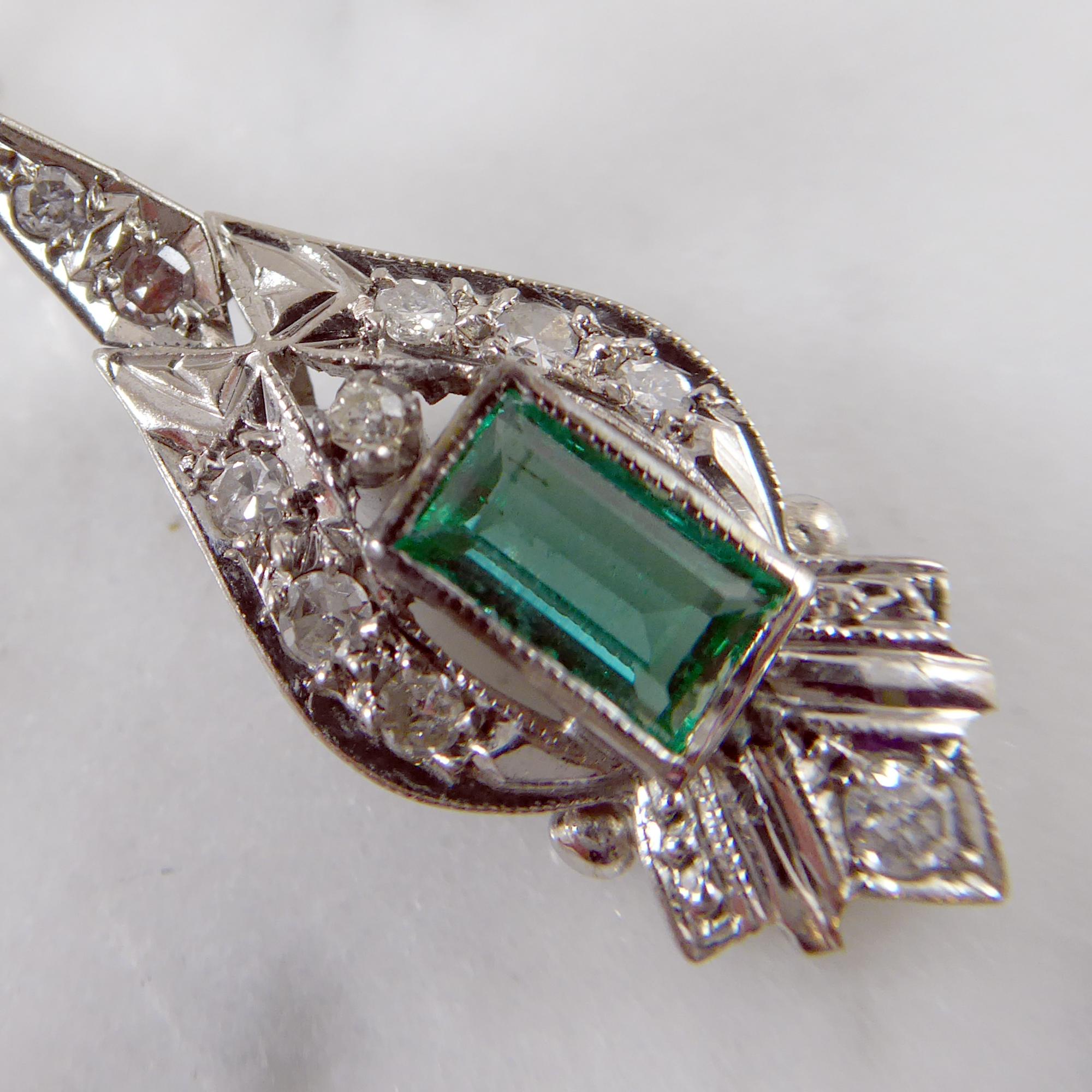 Vintage Emerald and Diamond Drop Earrings, circa 1950s, White Gold 2