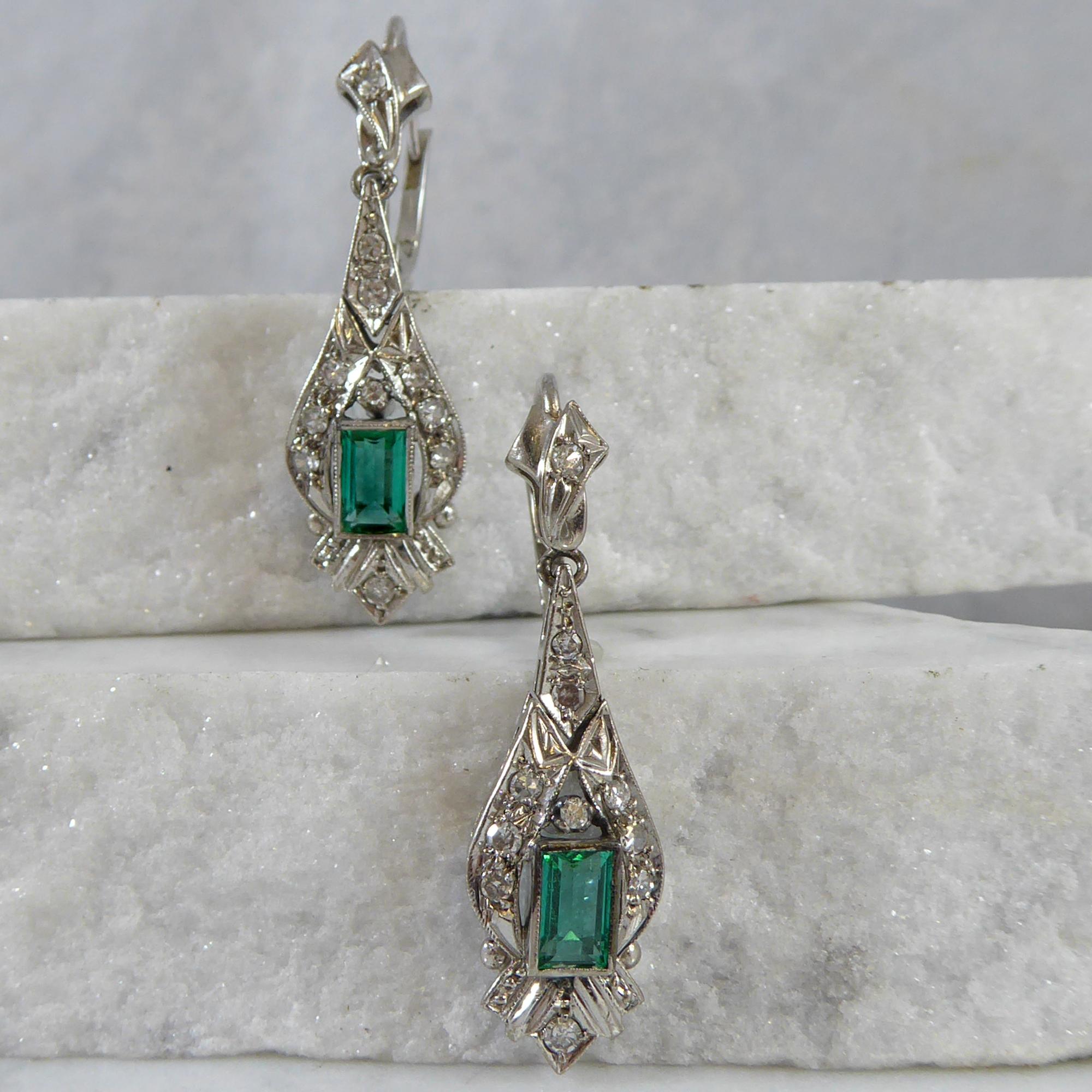 Vintage Emerald and Diamond Drop Earrings, circa 1950s, White Gold 3