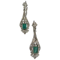 Vintage Emerald and Diamond Drop Earrings, circa 1950s, White Gold