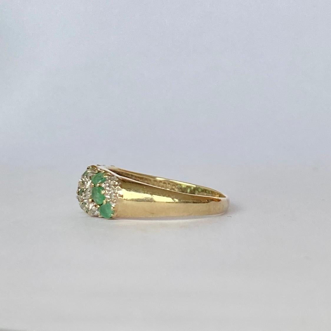 Modern Vintage Emerald and Diamond Encrusted 9 Carat Gold Band For Sale