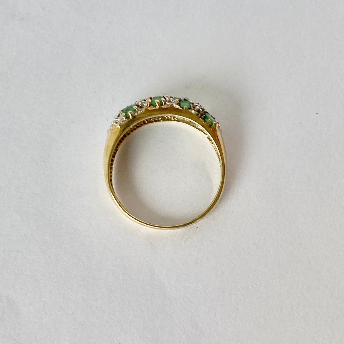Round Cut Vintage Emerald and Diamond Encrusted 9 Carat Gold Band For Sale