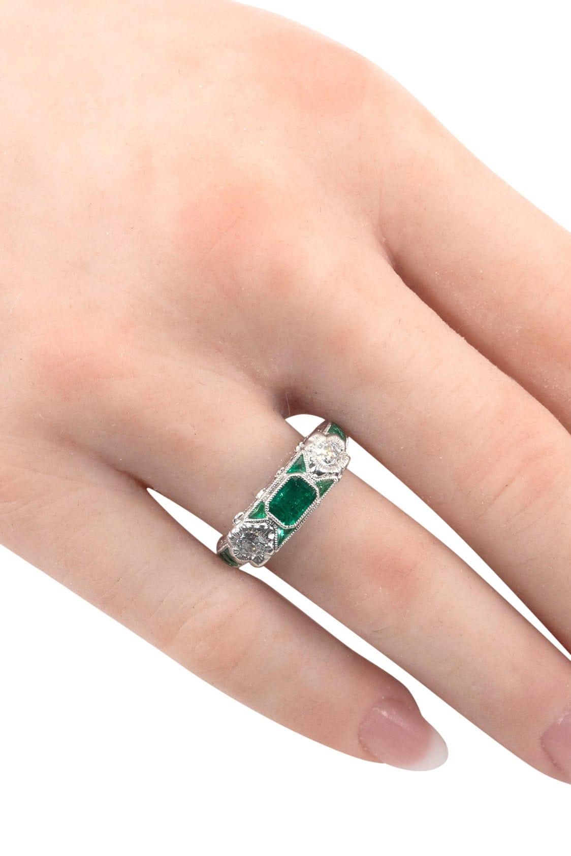 Emerald Cut Vintage Emerald and Diamond Engagement Ring (ca.1980). For Sale