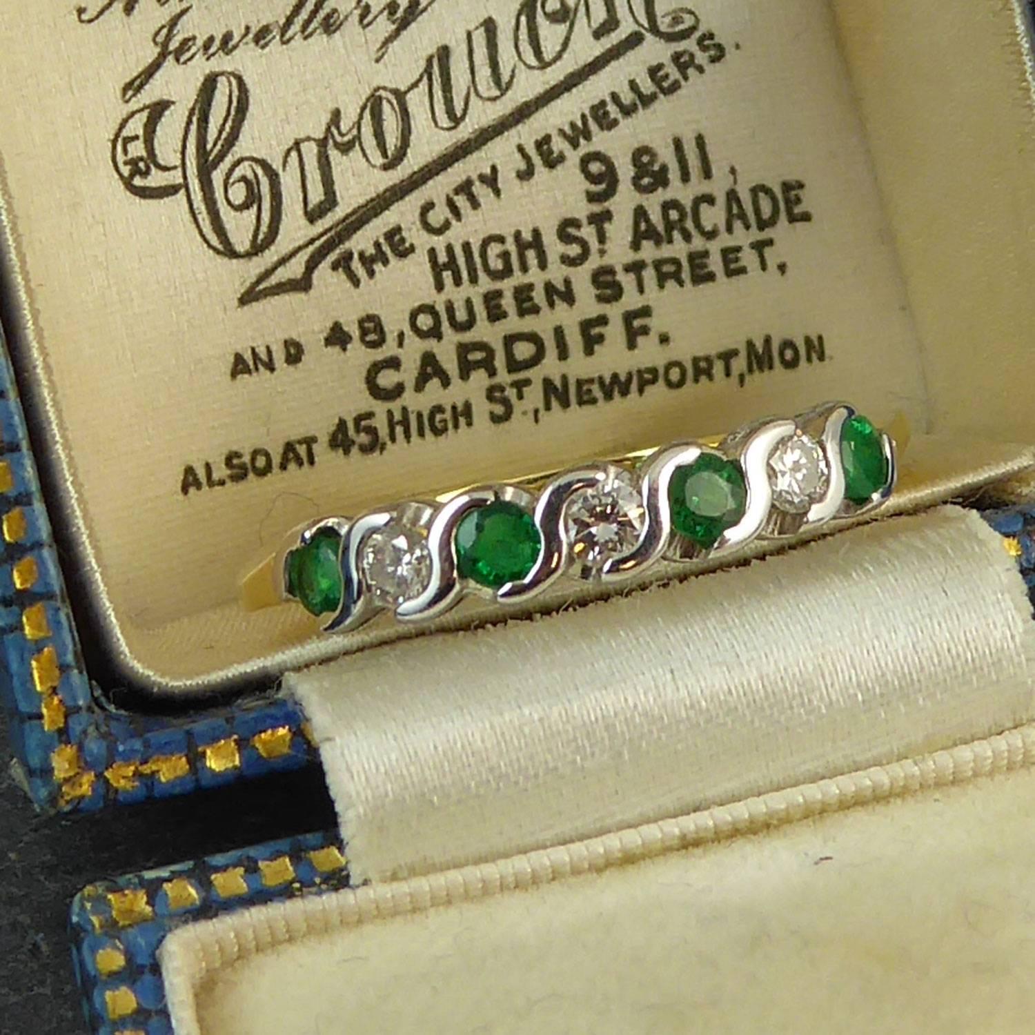 Women's or Men's Vintage Emerald and Diamond Eternity Ring, 18 Carat Gold, circa 1990s