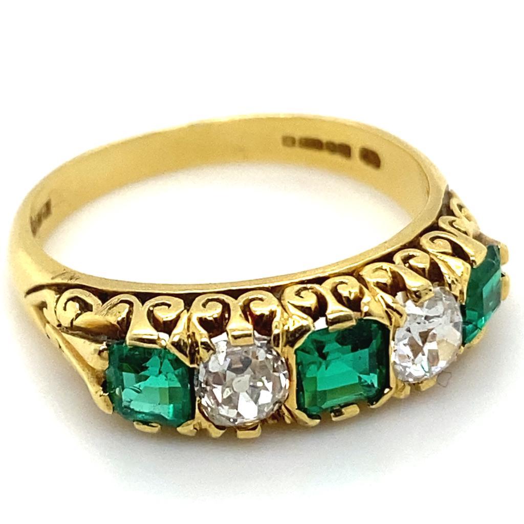 High Victorian Vintage Emerald and Diamond Five Stone 18 Karat Yellow Gold Engagement Ring For Sale