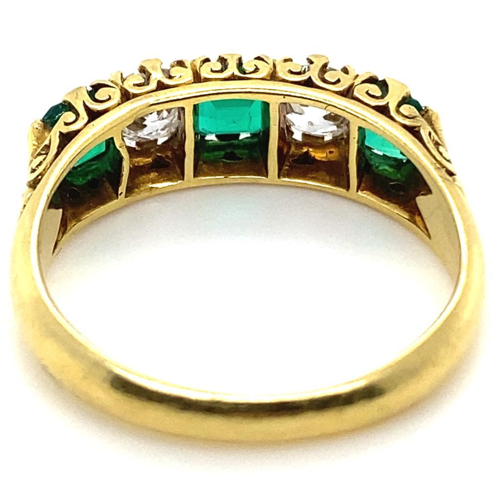 Women's Vintage Emerald and Diamond Five Stone 18 Karat Yellow Gold Engagement Ring For Sale