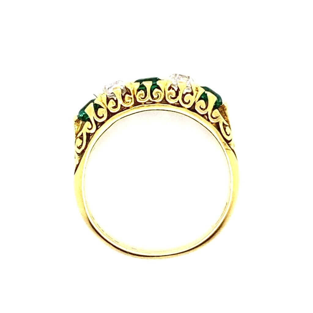 Vintage Emerald and Diamond Five Stone 18 Karat Yellow Gold Engagement Ring For Sale 1