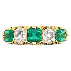Bague de fiançailles vintage à cinq pierres en or jaune 18 carats, émeraude et diamant