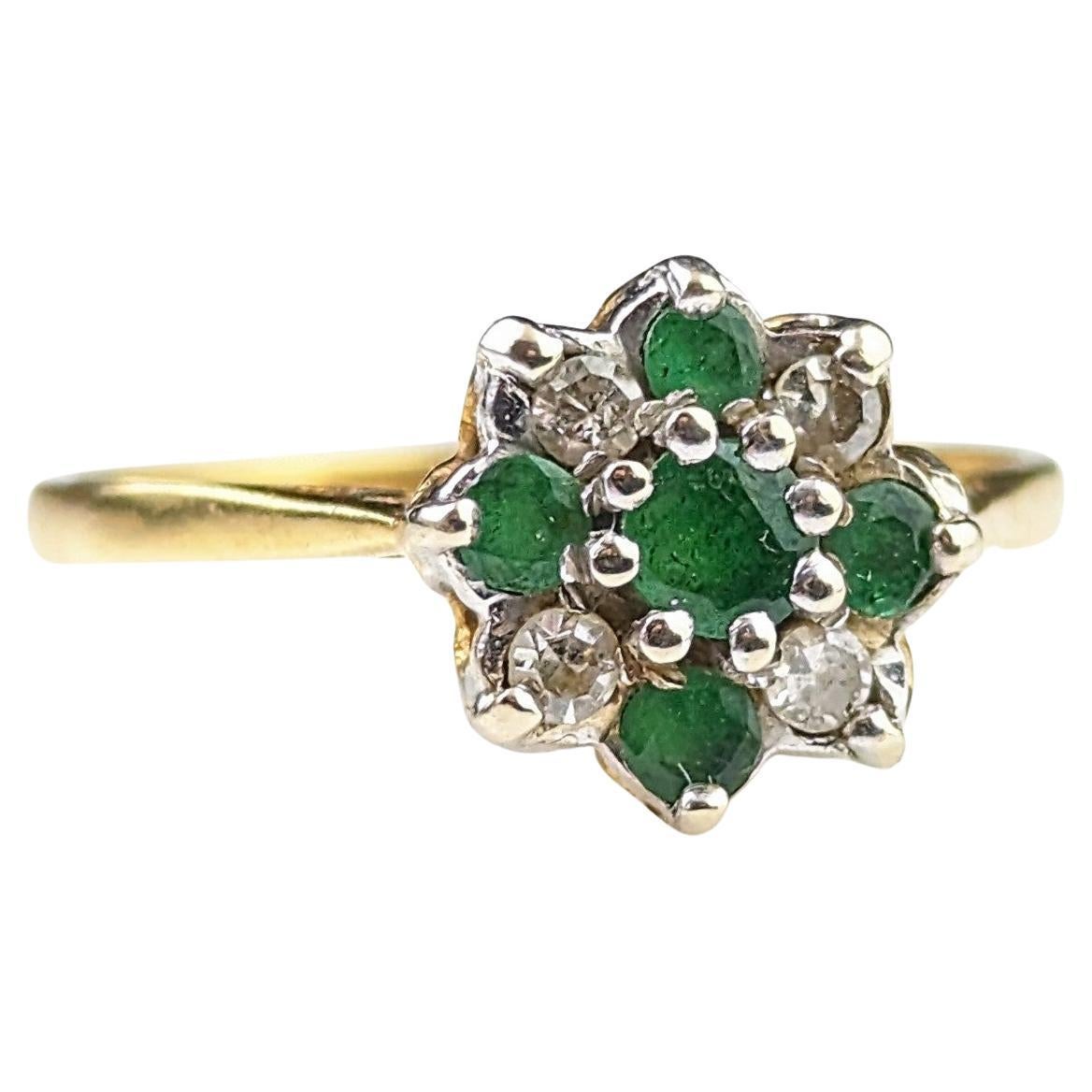 Vintage Emerald and Diamond floral cluster ring, 18k gold  For Sale