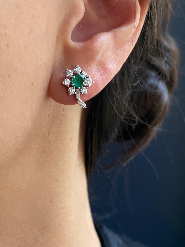 Round Cut Vintage Emerald and Diamond Flower Cluster Earrings 18 Karat White Gold For Sale