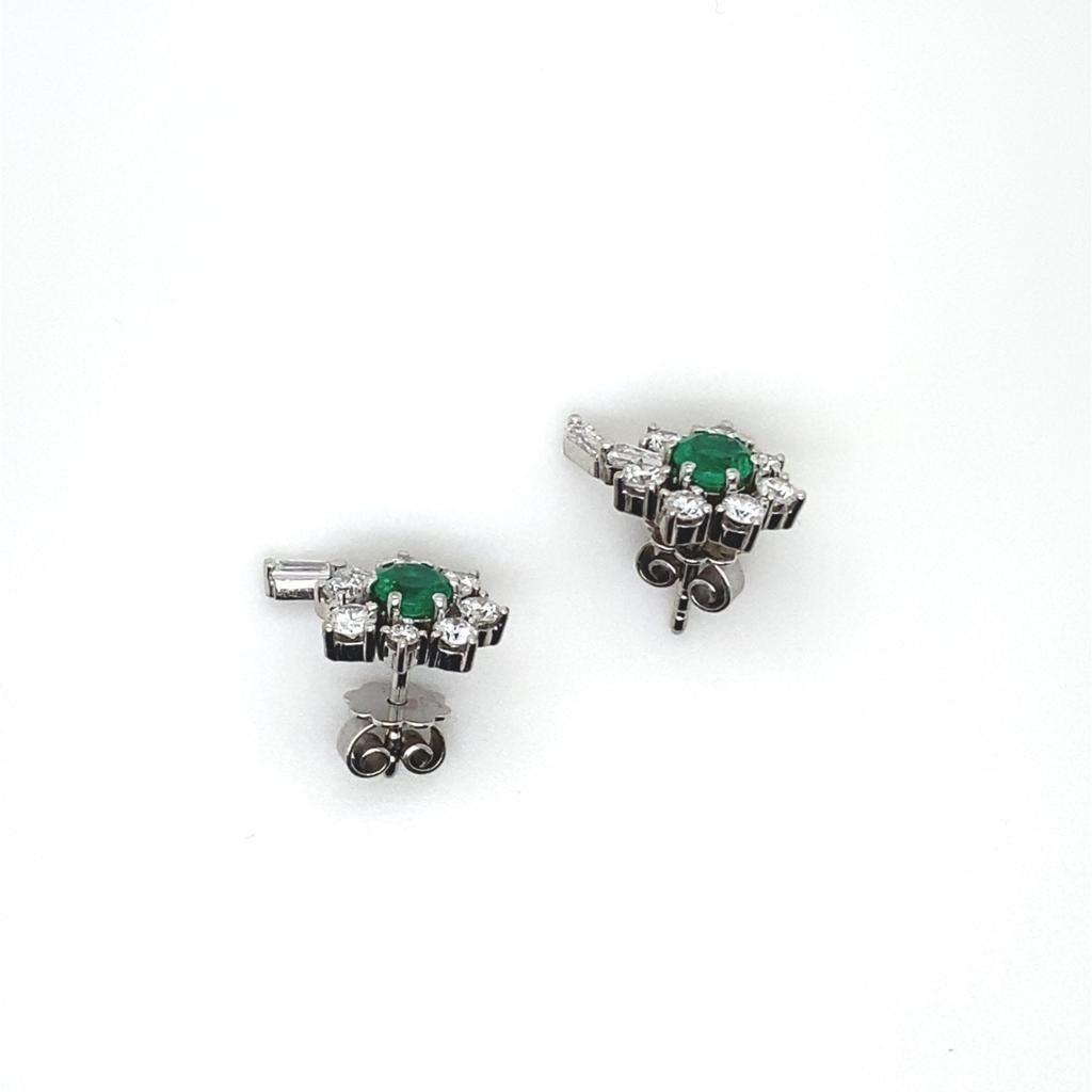 Women's Vintage Emerald and Diamond Flower Cluster Earrings 18 Karat White Gold For Sale