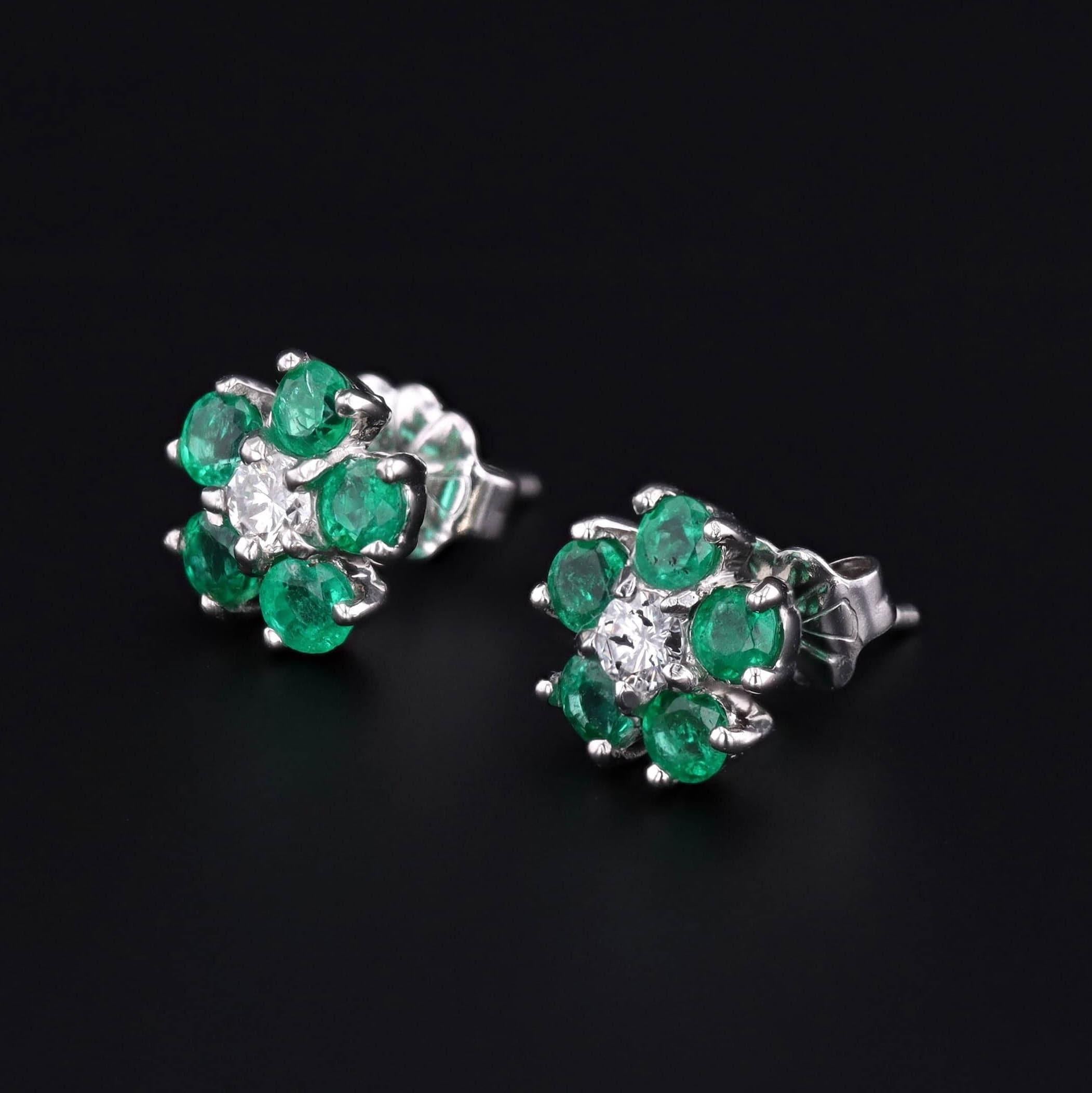 These elegant flowers were originally part of a platinum brooch transformed with the addition of 14k white gold posts and earring backs. They feature flowers if green emeralds and diamonds in platinum.

The earrings are 0.35 inches in diameter and
