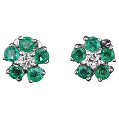 Vintage Emerald and Diamond Flower Stud Earrings