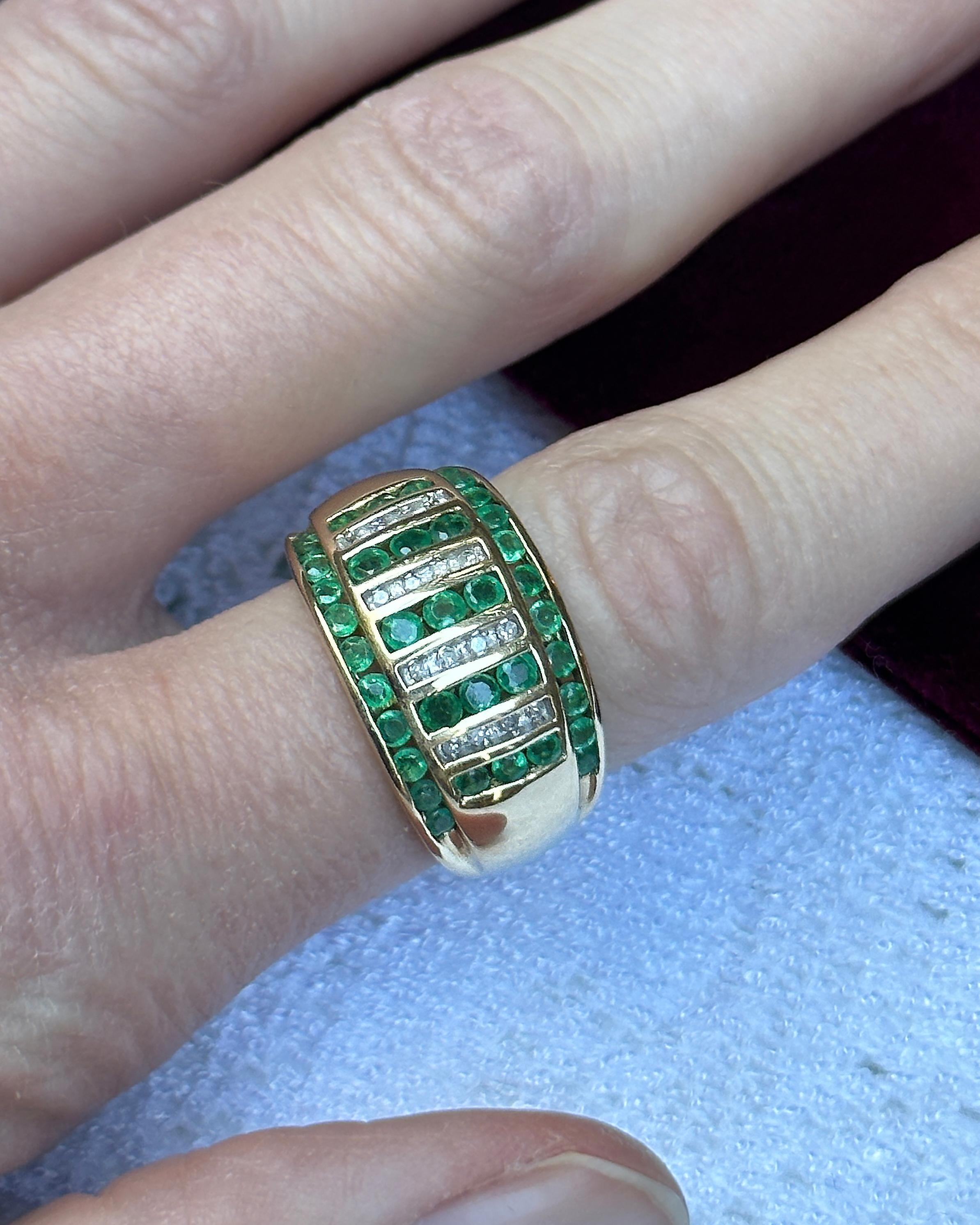Retro Vintage Emerald and Diamond Gold Bombe Ring For Sale