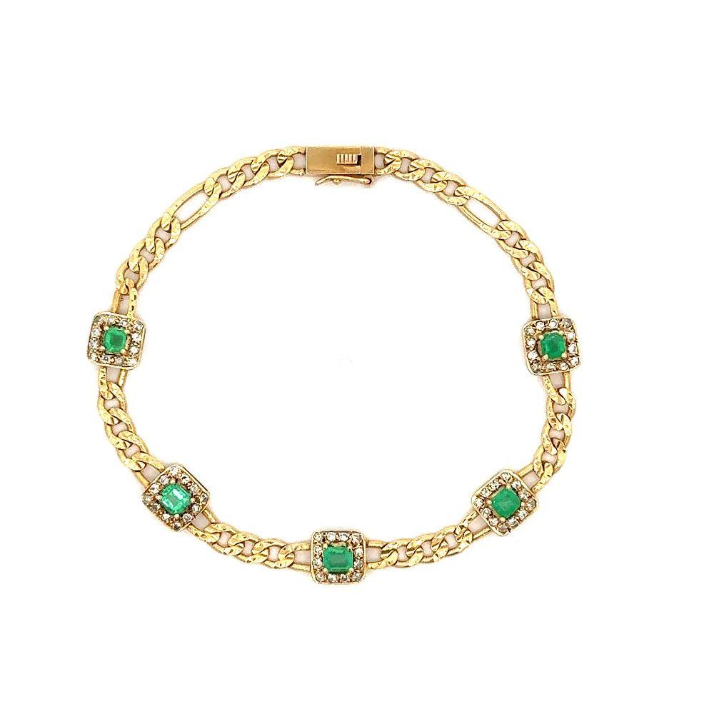 Modernist Vintage Emerald and Diamond Gold Cuban Link Bracelet  For Sale