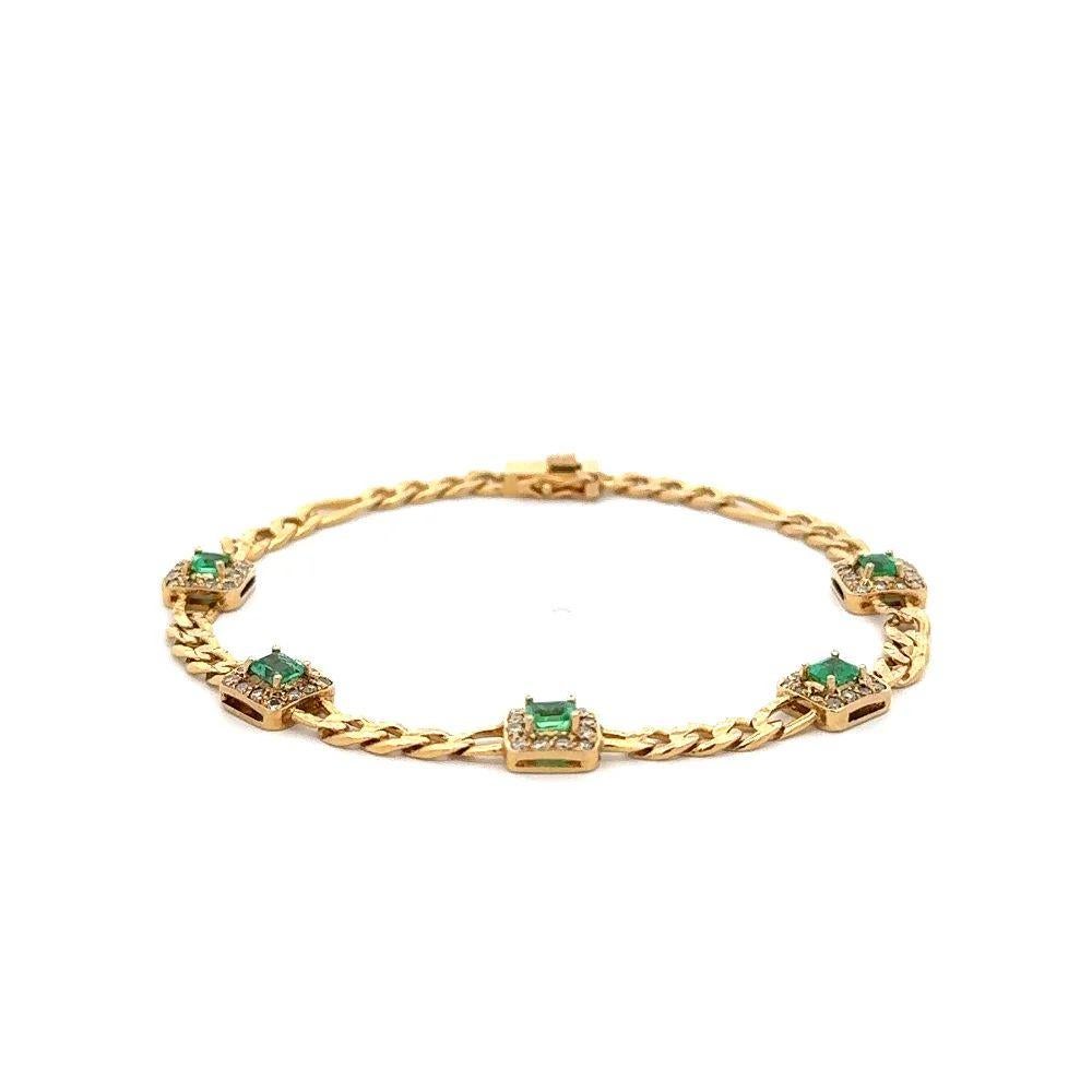 Round Cut Vintage Emerald and Diamond Gold Cuban Link Bracelet  For Sale