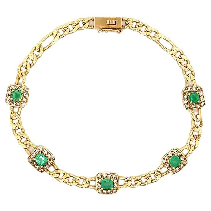 Vintage Emerald and Diamond Gold Cuban Link Bracelet  For Sale