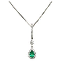 Vintage Emerald and Diamond Gold Pendant Halo Necklace Estate Fine Jewelry