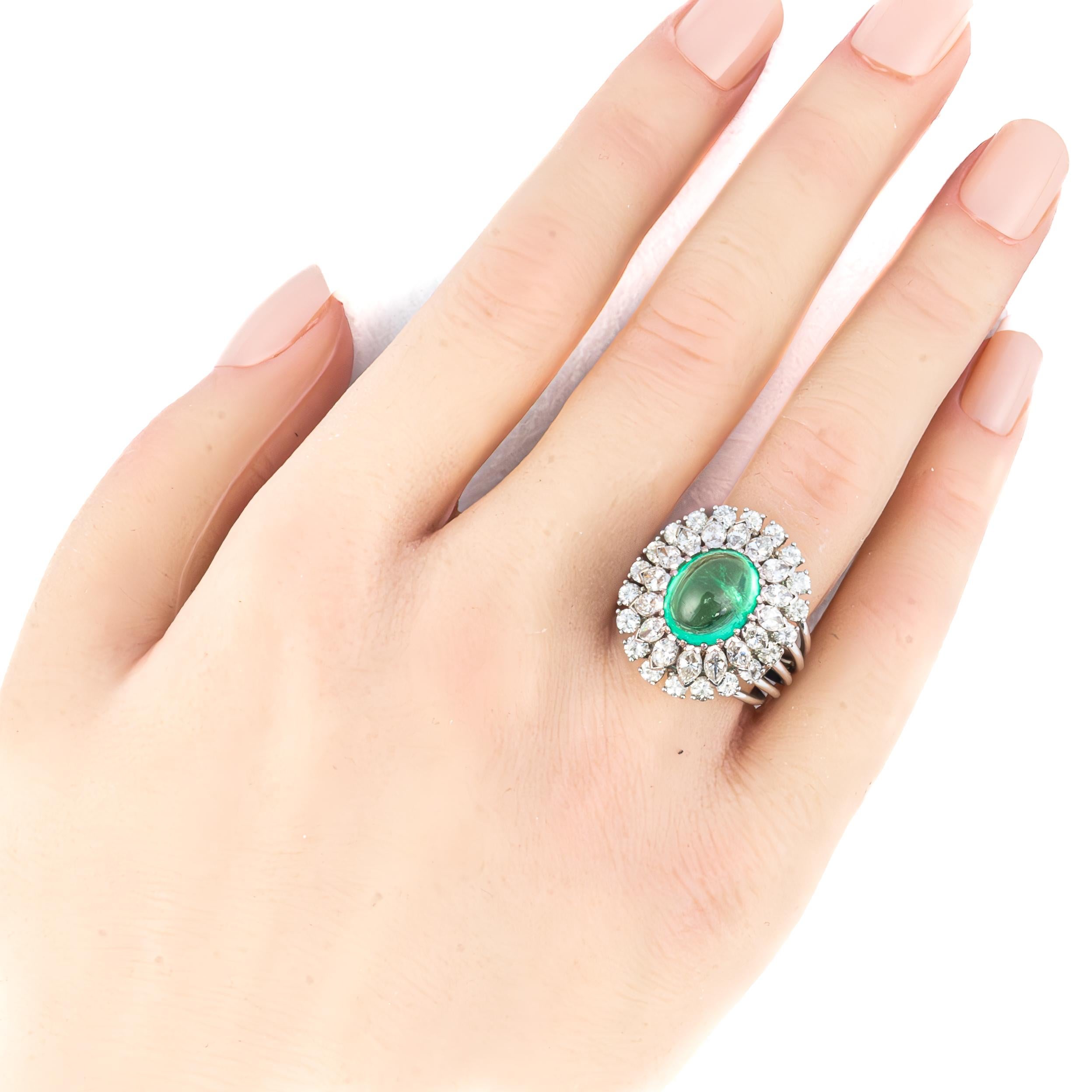 Cabochon Vintage Emerald and Diamond Halo Cocktail Ring For Sale