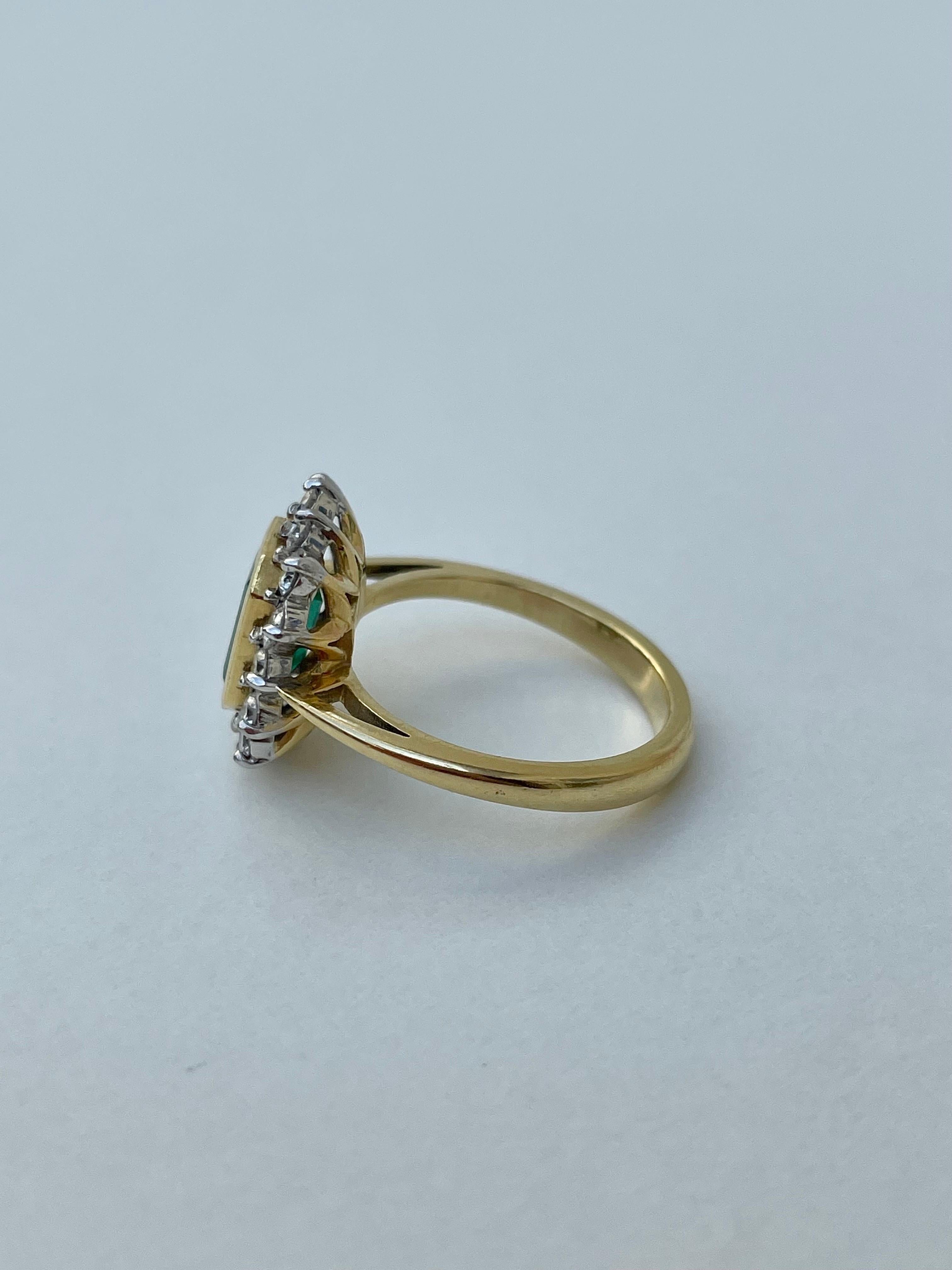 Art Deco Vintage Emerald and Diamond Halo Ring, 18ct Yellow Gold For Sale