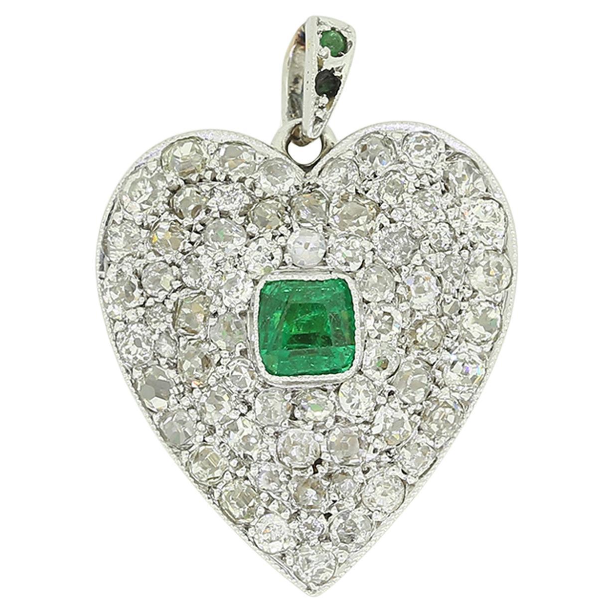 Vintage Emerald and Diamond Heart Locket Pendant For Sale