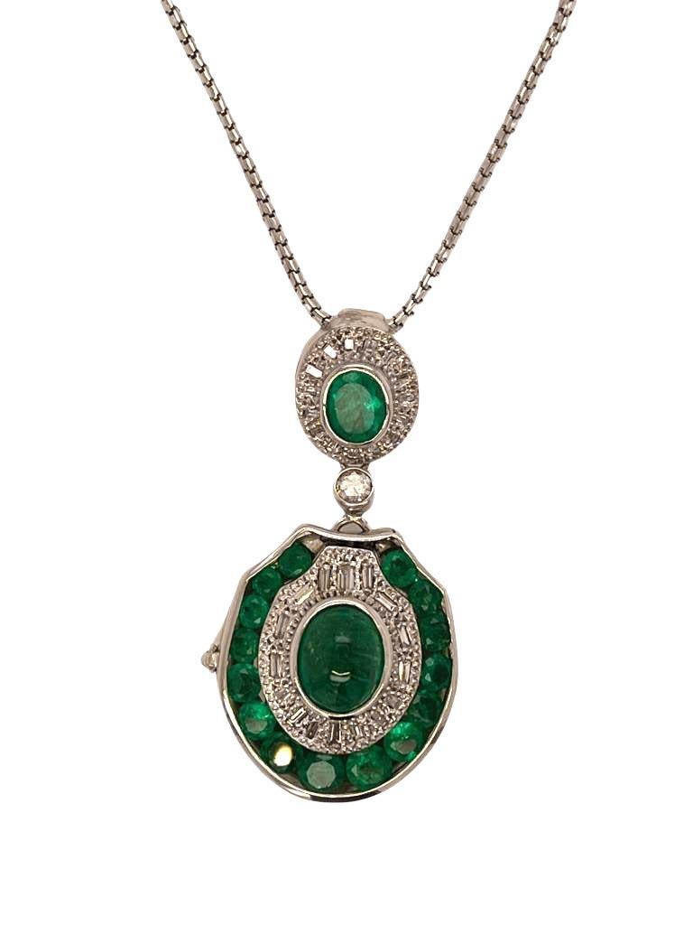 Art Deco Vintage Emerald and Diamond Locket Pendant Necklace in 14k White Gold For Sale