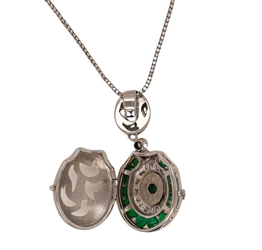 Women's Vintage Emerald and Diamond Locket Pendant Necklace in 14k White Gold For Sale