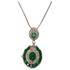 Vintage Emerald and Diamond Locket Pendant Necklace in 14k White Gold