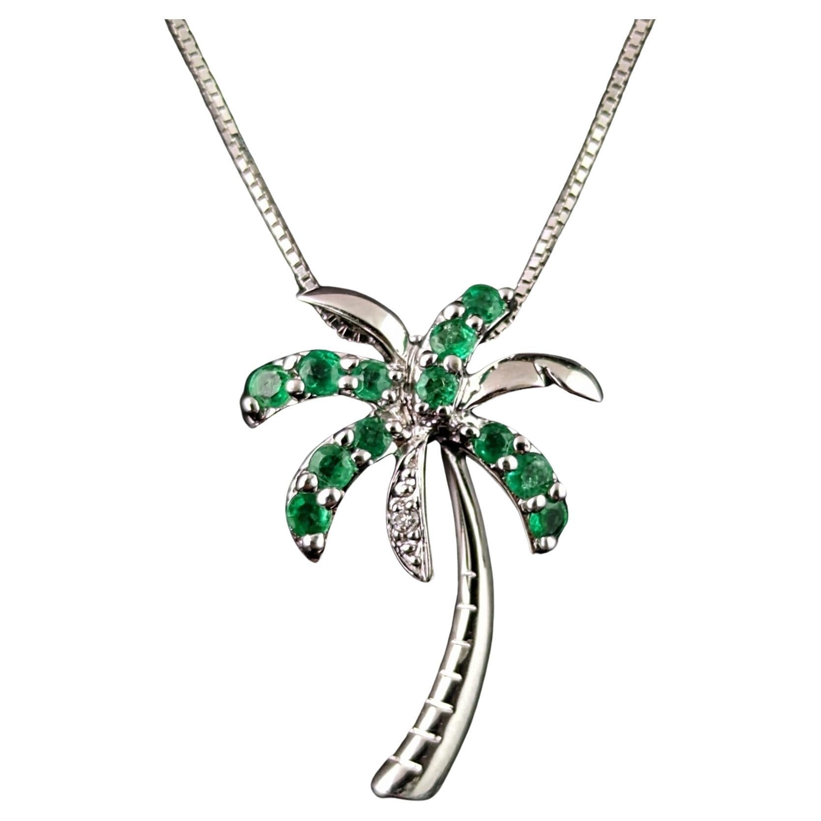 Vintage Emerald and Diamond palm tree pendant necklace, 14k white gold 