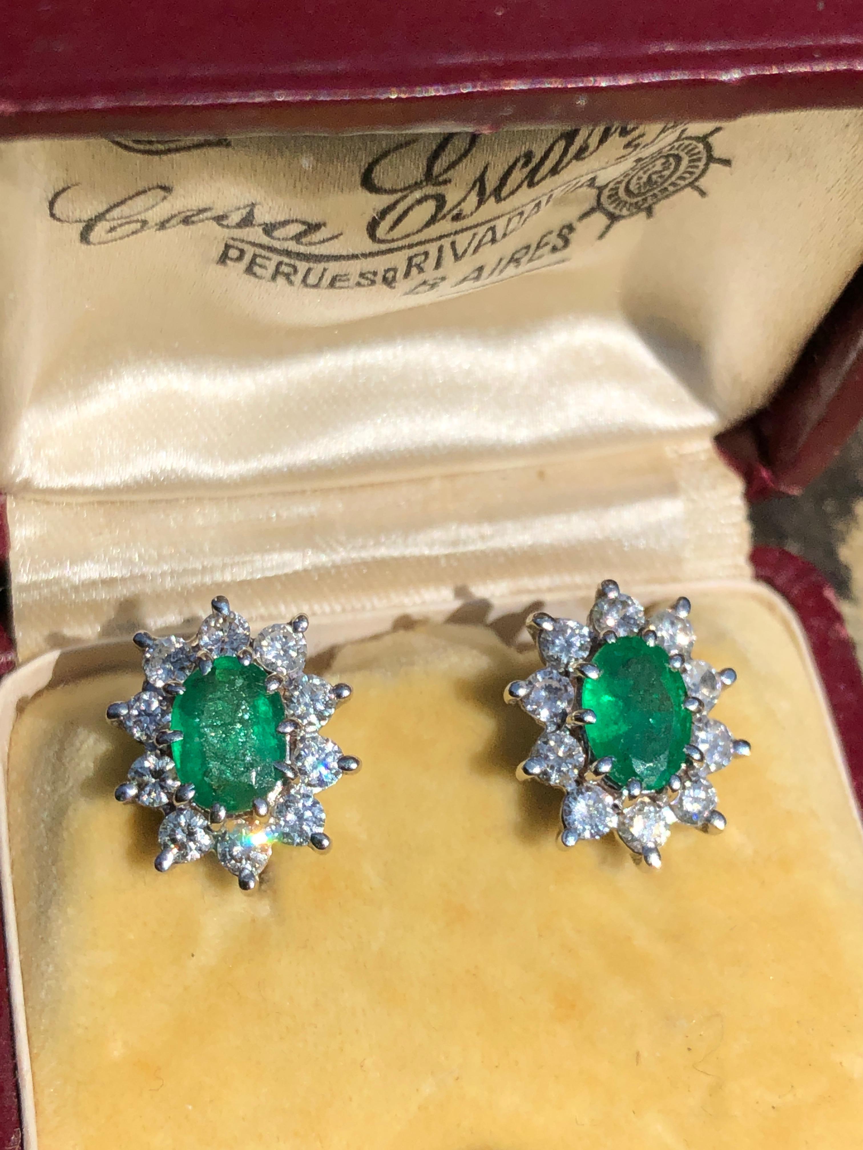 Modern Vintage Emerald and Diamond Platinum Cluster Stud Earrings