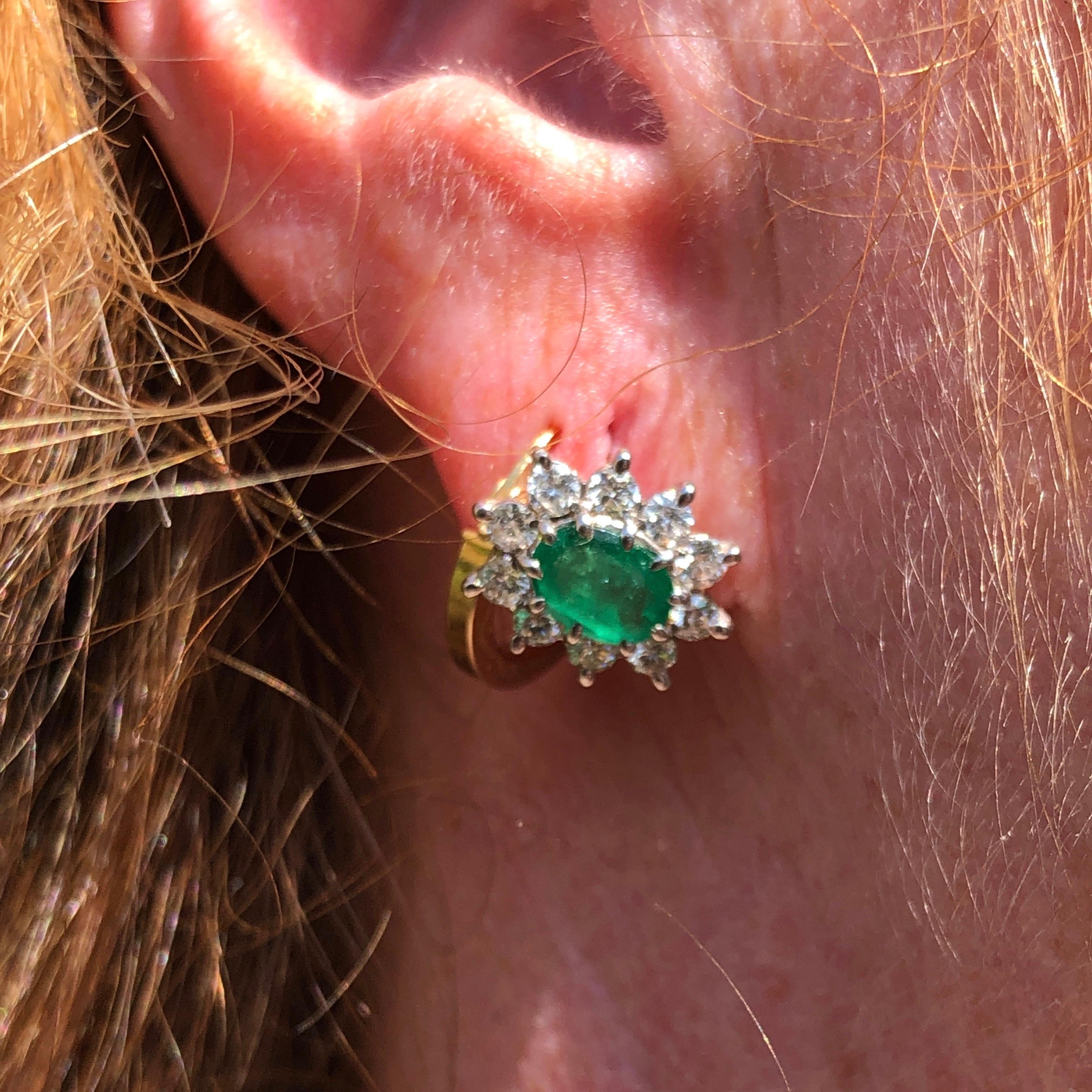 Vintage Emerald and Diamond Platinum Cluster Stud Earrings In Excellent Condition In Chipping Campden, GB