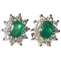 Vintage Emerald and Diamond Platinum Cluster Stud Earrings