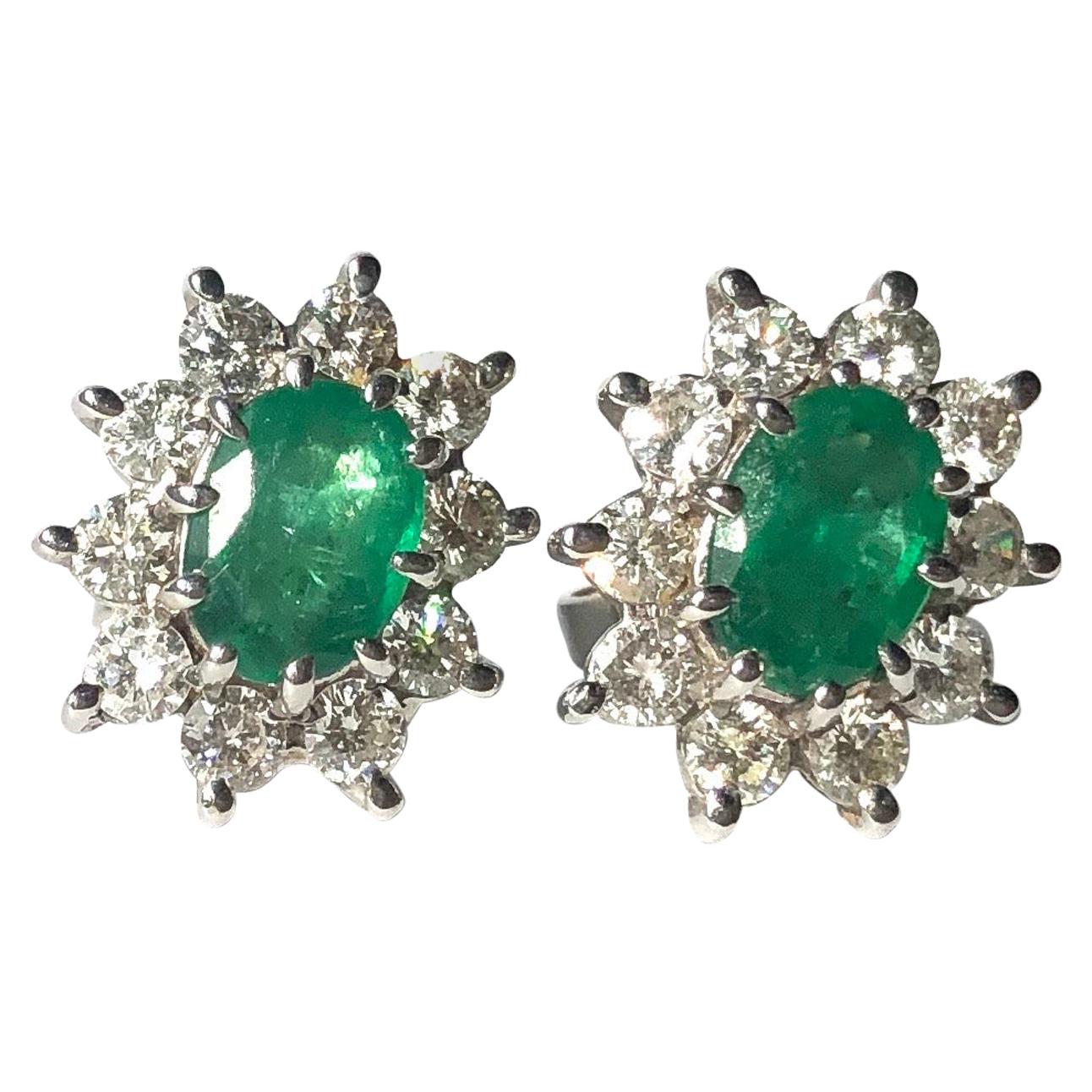 Vintage Emerald and Diamond Platinum Cluster Stud Earrings