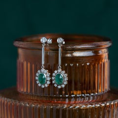 Vintage Emerald and Diamond Platinum Dangle Earrings, MidCentury