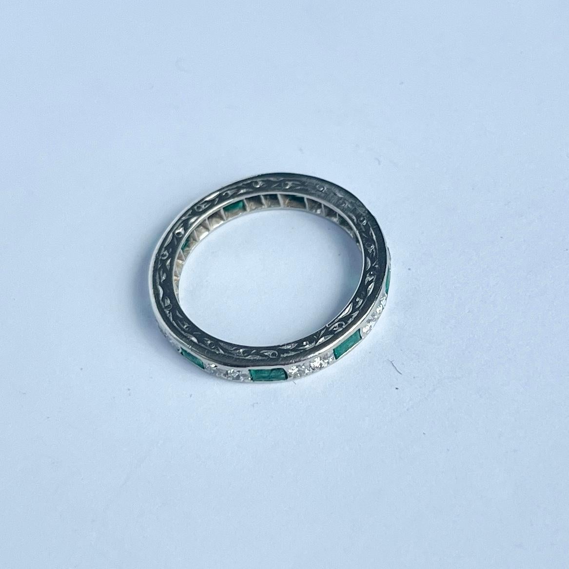 Vintage Emerald and Diamond Platinum Full Eternity Band In Excellent Condition For Sale In Chipping Campden, GB