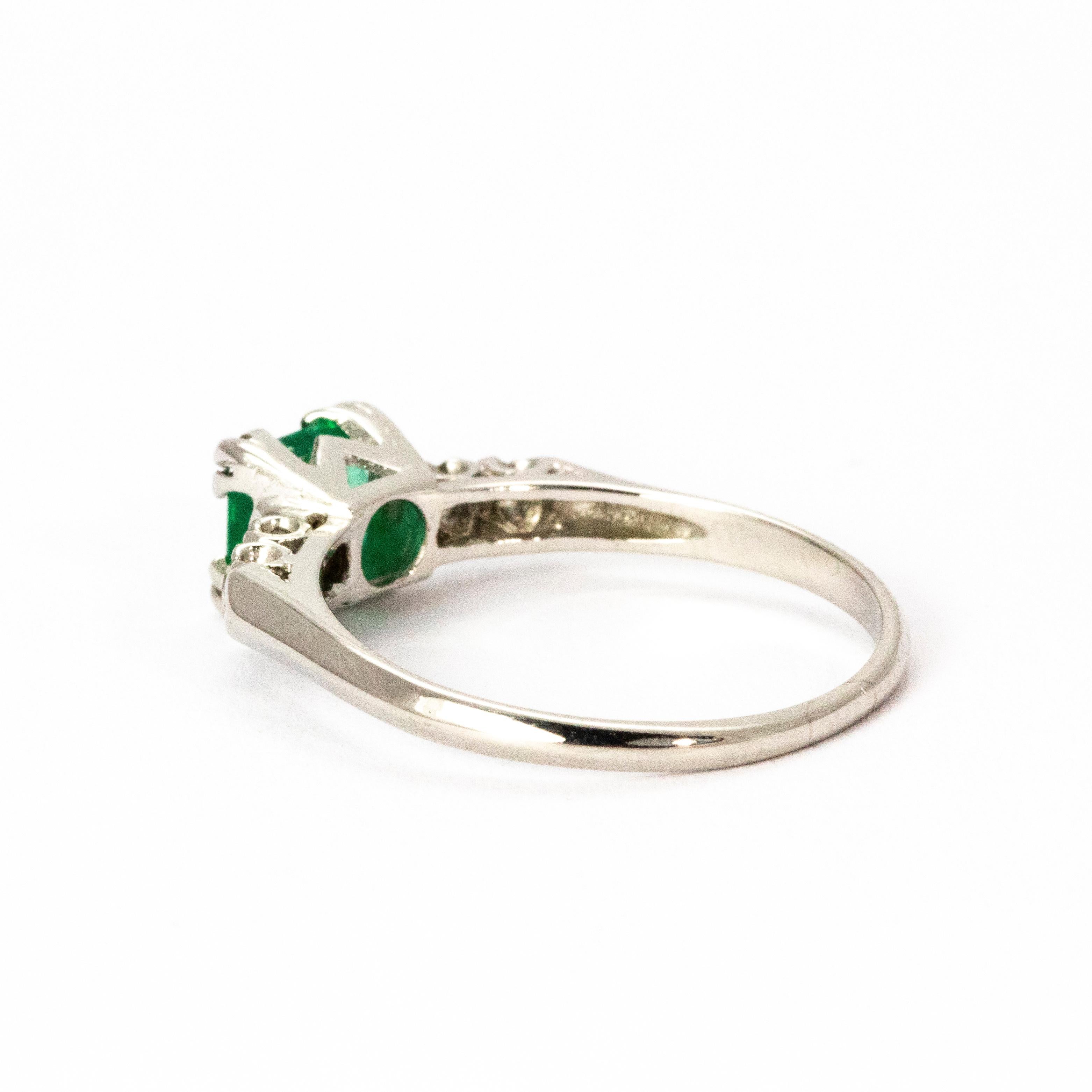 Emerald Cut Vintage Emerald and Diamond Platinum Solitaire Ring For Sale