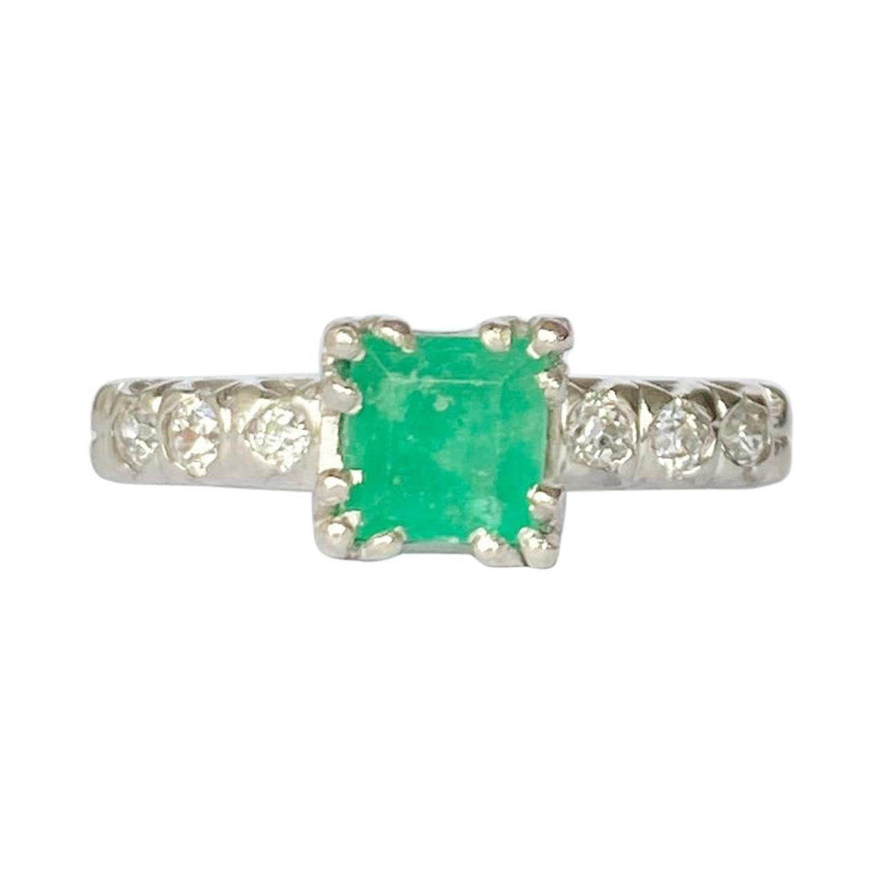 Vintage Emerald and Diamond Platinum Solitaire Ring