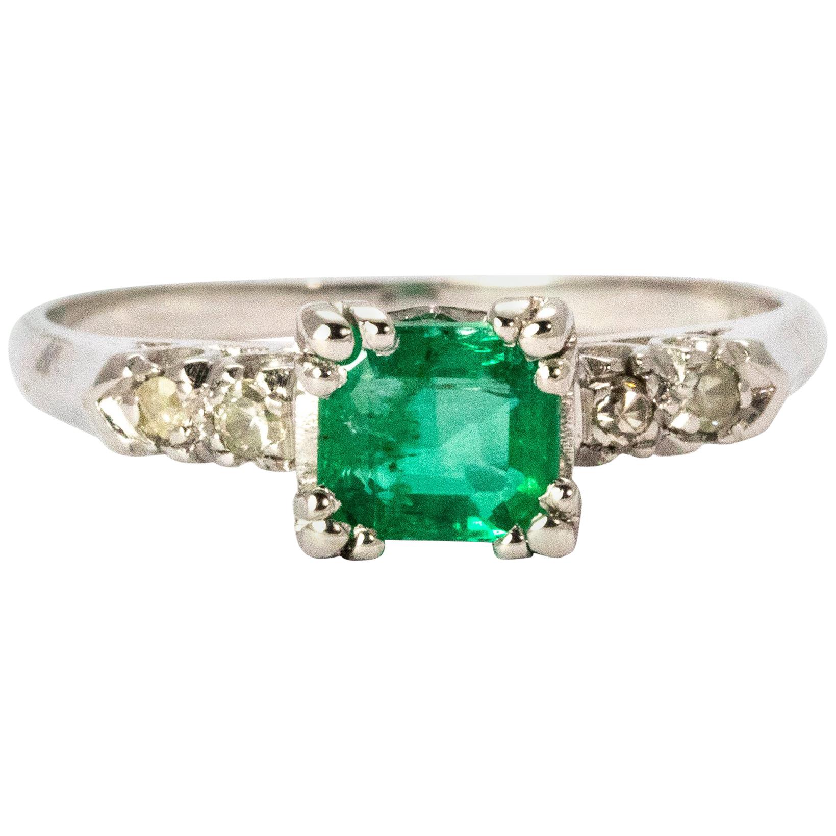 Vintage Emerald and Diamond Platinum Solitaire Ring For Sale