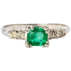 Vintage Emerald and Diamond Platinum Solitaire Ring