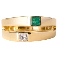 Vintage Emerald and Diamond Princess Cut Toi et Moi Euro Shank 18K Gold Ring