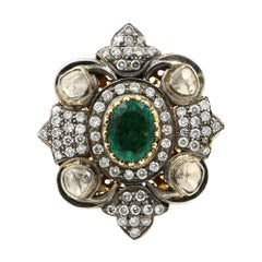 Anello vintage con smeraldo e diamante in oro giallo e bianco 14K 0,69Cttw