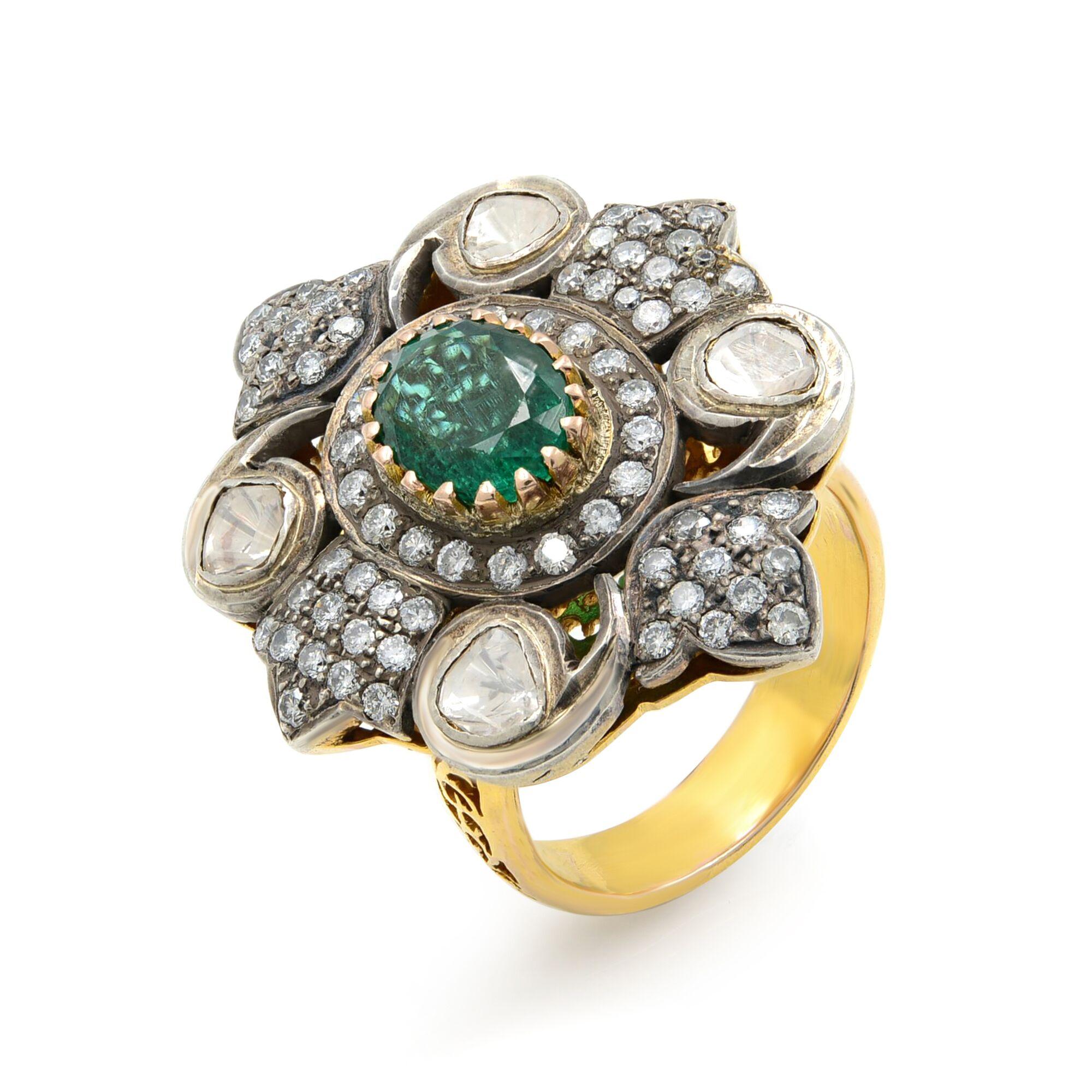 Art Deco Vintage Emerald and Diamond Ring 14K Yellow & White Gold 0.69Cttw For Sale