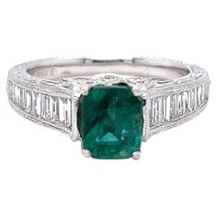 Bague vintage en émeraude et diamants – Bague en or blanc 18 carats avec pierres taillées en baguette